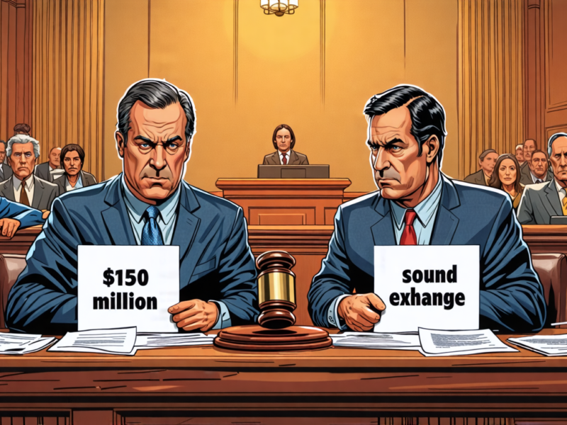 Create an illustration for an article titled Exclusive: SiriusXM Retaliates Against SoundExchange's $150 Million Royalties Lawsuit, Seeks Dismissal and Counterclaim Damages. The image should depict a