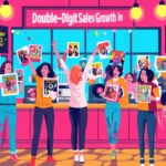 Create an illustration of a modern vinyl record store with jubilant fans, known as 'Swifties,' celebrating and holding Taylor Swift vinyl albums. The store has colorful posters of Taylor Swift, and a