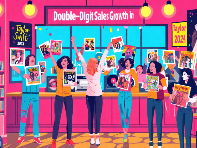 Create an illustration of a modern vinyl record store with jubilant fans, known as 'Swifties,' celebrating and holding Taylor Swift vinyl albums. The store has colorful posters of Taylor Swift, and a