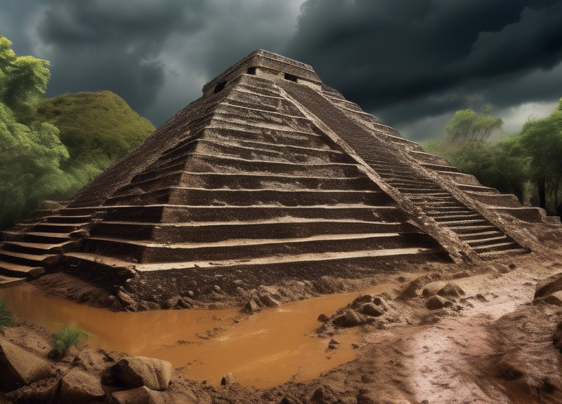 An ancient pyramid in Mexico showing visible damage from recent torrential rains, with eroded steps, washed out pathways, and dark storm clouds looming in the background. Surrounding the pyramid, ther