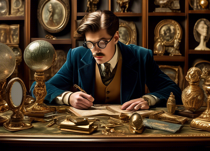 Create an image depicting a hobby detective in a classic British museum setting, surrounded by intricately detailed Fabergé frames. The detective, dressed in vintage clothing, is studying clues with a