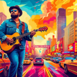 Create a vibrant concert poster featuring Jelly Roll, a famed musician, amidst a dynamic backdrop of giant, colorful U.S. cityscapes including Salt Lake City and Idaho. The image should capture the ex