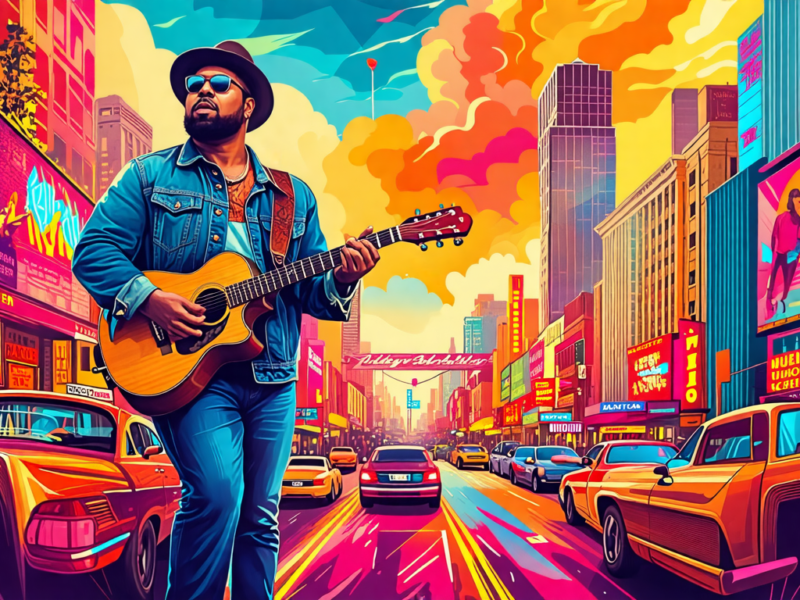 Create a vibrant concert poster featuring Jelly Roll, a famed musician, amidst a dynamic backdrop of giant, colorful U.S. cityscapes including Salt Lake City and Idaho. The image should capture the ex