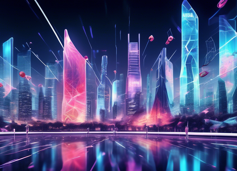 Create an image of a dynamic, futuristic cityscape where a sleek, high-tech music streaming platform called Kunlun Tech is prominently displayed on billboards. Have abstract representations of AI, suc