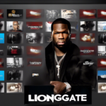 Create a dynamic digital illustration showing a collaboration between Lionsgate and 50 Cent in the launch of a new Free, Ad-Supported Streaming TV (FAST) service. The image should depict a sleek, mode