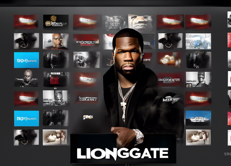 Create a dynamic digital illustration showing a collaboration between Lionsgate and 50 Cent in the launch of a new Free, Ad-Supported Streaming TV (FAST) service. The image should depict a sleek, mode