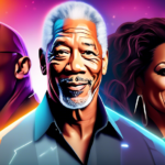 An AI tool with a digital interface displaying celebrity voices options such as Morgan Freeman, Oprah Winfrey, and Dwayne 'The Rock' Johnson, with a futuristic tech background and Meta's logo subtly i