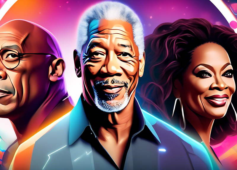 An AI tool with a digital interface displaying celebrity voices options such as Morgan Freeman, Oprah Winfrey, and Dwayne 'The Rock' Johnson, with a futuristic tech background and Meta's logo subtly i