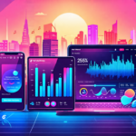 A futuristic digital illustration showcasing a sleek, modern interface of the NetEase Cloud Music app on a variety of devices (smartphone, tablet, laptop). The scene should include vibrant graphs and