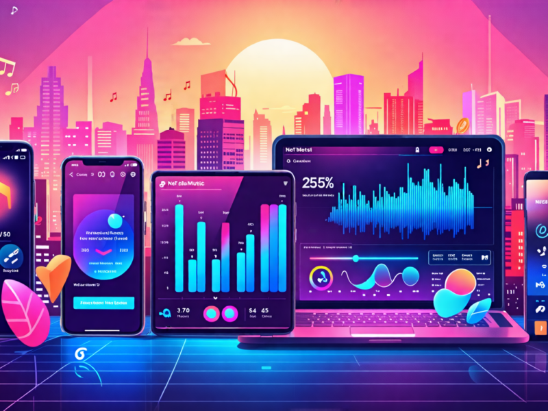 A futuristic digital illustration showcasing a sleek, modern interface of the NetEase Cloud Music app on a variety of devices (smartphone, tablet, laptop). The scene should include vibrant graphs and