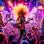 Create an album cover art themed image that showcases the essence of 80s hair metal for the Paramount+ special titled The Uncut Tale of 80s Hair Metal. The image should feature a vibrant and chaotic c