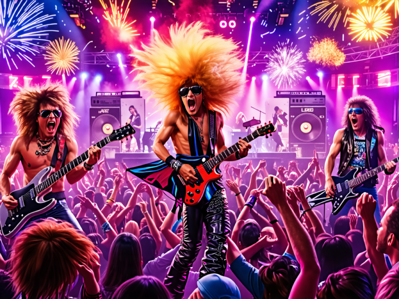 Create an album cover art themed image that showcases the essence of 80s hair metal for the Paramount+ special titled The Uncut Tale of 80s Hair Metal. The image should feature a vibrant and chaotic c