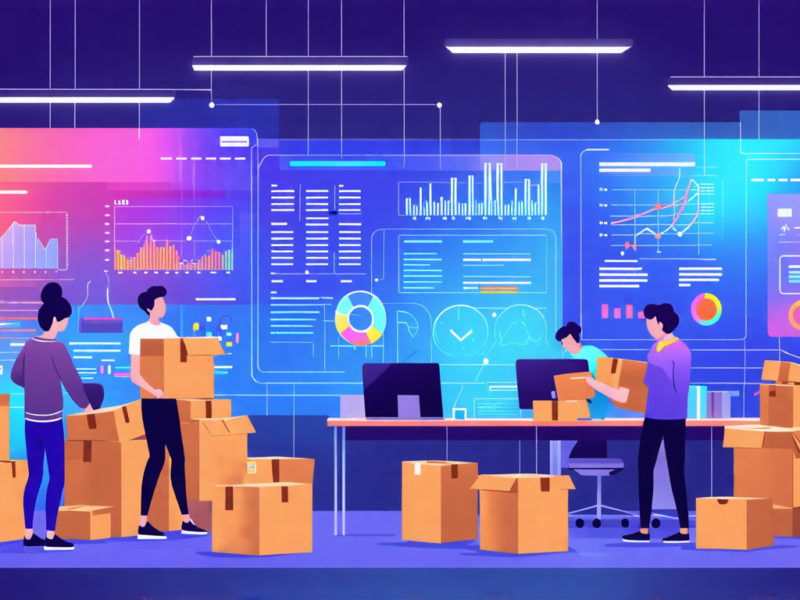 Create a high-quality digital illustration depicting a professional office setting where employees are packing up their belongings into boxes, symbolizing layoffs. Contrast this scene with a futuristi