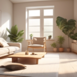 Create an image depicting a serene, minimalist living space where simplicity and joy are highlighted. Show a cozy, uncluttered room with natural light streaming in through large windows. Include a person sitting on a comfortable chair, enjoying a cup of tea and reading a book. The room should have a few thoughtfully placed elements such as a potted plant, a small bookshelf, and a soft rug, emphasizing the tranquility and contentment found in a simple, pared-down lifestyle.