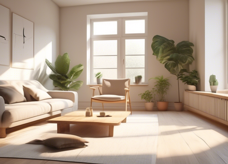 Create an image depicting a serene, minimalist living space where simplicity and joy are highlighted. Show a cozy, uncluttered room with natural light streaming in through large windows. Include a person sitting on a comfortable chair, enjoying a cup of tea and reading a book. The room should have a few thoughtfully placed elements such as a potted plant, a small bookshelf, and a soft rug, emphasizing the tranquility and contentment found in a simple, pared-down lifestyle.