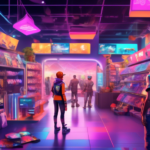 Create an image of a gaming scene with a character standing in front of a virtual shop displaying various downloadable content (DLC) such as new outfits, weapons, and expansion packs labeled with price tags. The background should include a digital world with a vivid landscape, showcasing both the base game environment and new areas unlocked through DLC.