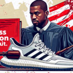 Create an illustration showing a federal judge in a courtroom, with a gavel in hand, symbolically dismissing a large folder labeled Class Action Lawsuit. In the background, incorporate Adidas and Kany