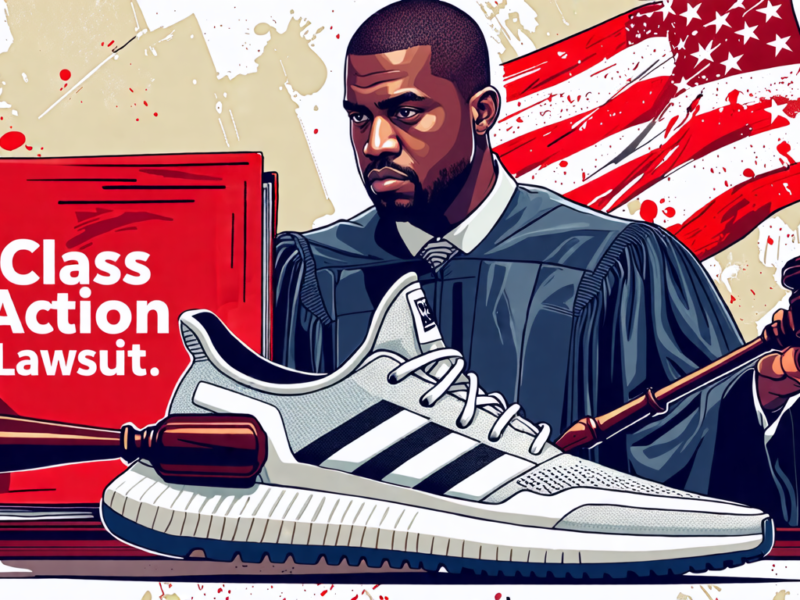 Create an illustration showing a federal judge in a courtroom, with a gavel in hand, symbolically dismissing a large folder labeled Class Action Lawsuit. In the background, incorporate Adidas and Kany