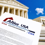 Create a realistic illustration of a legal brief with the Altice USA and Cox Communications logos prominently displayed. The brief appears to be highlighted and in focus, suggesting its importance. In