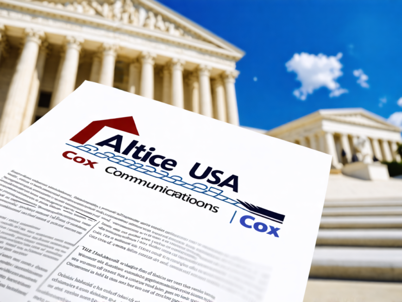 Create a realistic illustration of a legal brief with the Altice USA and Cox Communications logos prominently displayed. The brief appears to be highlighted and in focus, suggesting its importance. In