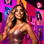 Create an image of the pop star Anitta looking thrilled and animated as she's getting ready backstage at a music award show. Include posters of Sabrina Carpenter on the walls, and show Anitta eagerly