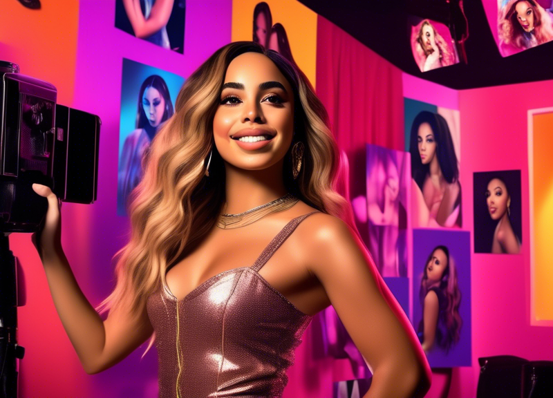 Create an image of the pop star Anitta looking thrilled and animated as she's getting ready backstage at a music award show. Include posters of Sabrina Carpenter on the walls, and show Anitta eagerly