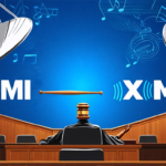 A courtroom scene featuring BMI and SiriusXM logos on opposite sides, with a judge in the middle holding a gavel, symbolizing the legal battle over music royalties. Background elements include musical