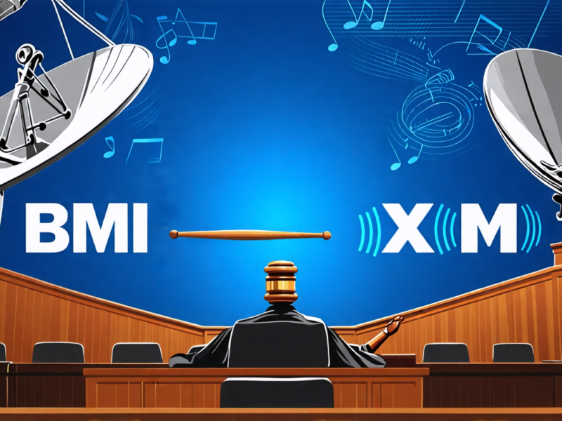 A courtroom scene featuring BMI and SiriusXM logos on opposite sides, with a judge in the middle holding a gavel, symbolizing the legal battle over music royalties. Background elements include musical