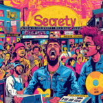 An illustrated portrayal of a bustling indie music scene, with intricate buildings marked 'Beggars Group' and 'Secretly' collaborating in the background, musicians performing passionately, vinyl recor