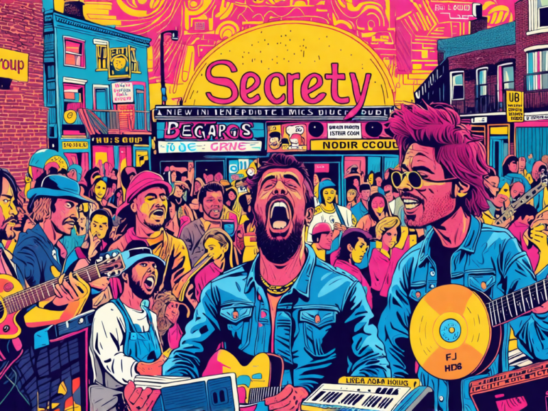 An illustrated portrayal of a bustling indie music scene, with intricate buildings marked 'Beggars Group' and 'Secretly' collaborating in the background, musicians performing passionately, vinyl recor