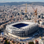 High-definition aerial view of the iconic Bernabéu Stadium in Madrid, with a large sign that reads 'Concerts Suspended Until 2025' in both Spanish and English. The stadium appears empty and under reno