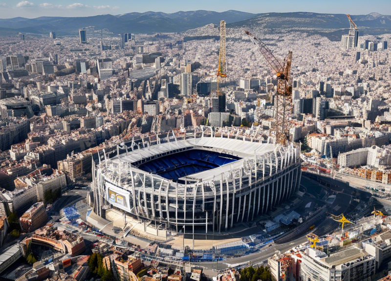 High-definition aerial view of the iconic Bernabéu Stadium in Madrid, with a large sign that reads 'Concerts Suspended Until 2025' in both Spanish and English. The stadium appears empty and under reno