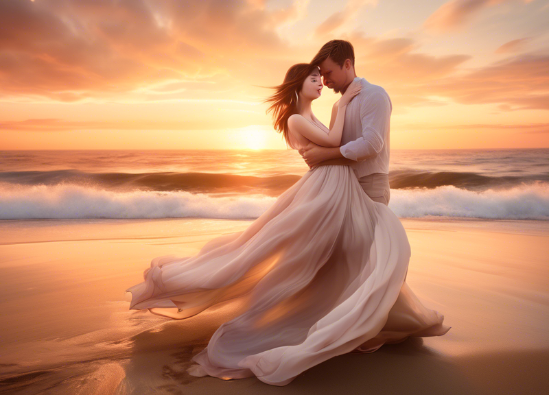 Soft sunset over a scenic beach where Carly Rae Jepsen, dressed in an elegant, flowing dress, excitedly shows her sparkling engagement ring given by her fiancé Cole M.G.N., with gentle waves lapping a