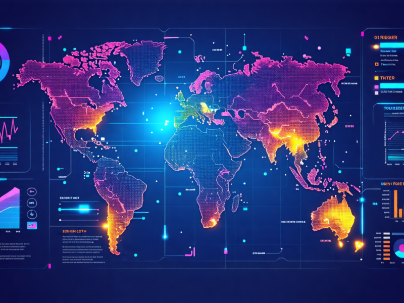 Create a digital illustration showcasing Chartmetric's data analytics platform with a futuristic interface. Highlight a world map focusing on 'Trigger Cities' that light up with vibrant colors. Includ