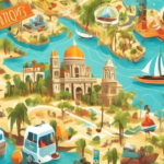 Create a vibrant and modern illustration of a graphical destination page for a travel website, featuring a user-friendly interface with stunning thumbnails of popular destinations, interactive maps, a