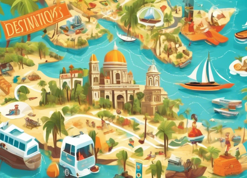 Create a vibrant and modern illustration of a graphical destination page for a travel website, featuring a user-friendly interface with stunning thumbnails of popular destinations, interactive maps, a