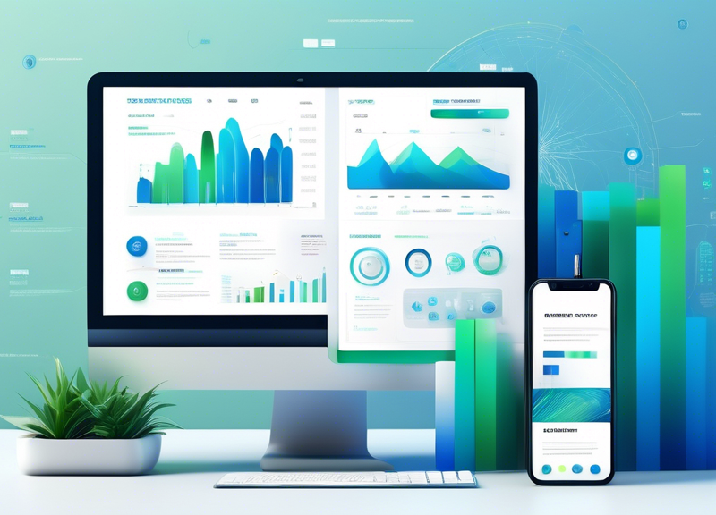 A vibrant and visually engaging landing page showcasing a modern user interface design, with sleek graphs, charts, and interactive elements. The scene includes a computer screen displaying an infograp