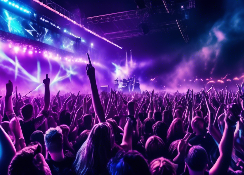 An atmospheric rock concert scene at night with Halestorm and I Prevail performing together on a dimly lit stage, illuminated by vibrant blue and purple lights, with a massive, cheering crowd waving l