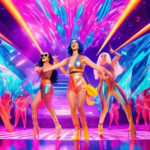 Create an image that depicts a dynamic, colorful concert scene with Katy Perry and Doechii performing together on stage. They are dressed in stylish, futuristic outfits with crystal accents that shimm