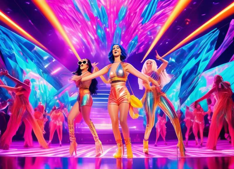 Create an image that depicts a dynamic, colorful concert scene with Katy Perry and Doechii performing together on stage. They are dressed in stylish, futuristic outfits with crystal accents that shimm