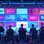 Digital illustration depicting major music label executives in a high-tech boardroom, intently discussing strategies against online streaming platforms. The backdrop shows various streaming service lo