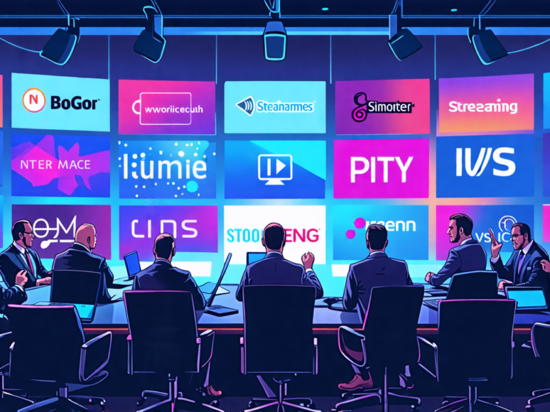 Digital illustration depicting major music label executives in a high-tech boardroom, intently discussing strategies against online streaming platforms. The backdrop shows various streaming service lo