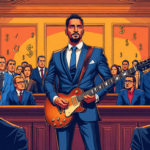 Create an image of a musician standing confidently in a courtroom, holding a guitar and wearing a stylish suit. The courtroom is filled with a mix of serious-looking lawyers and curious spectators. In