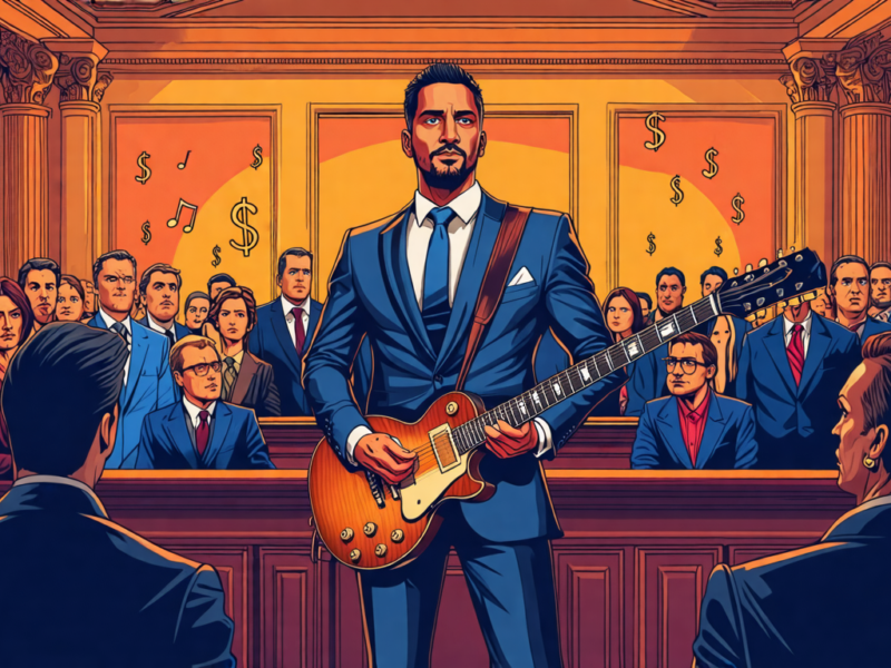 Create an image of a musician standing confidently in a courtroom, holding a guitar and wearing a stylish suit. The courtroom is filled with a mix of serious-looking lawyers and curious spectators. In