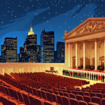 An illustration capturing the juxtaposition of a grand concert hall with empty seats and an elegant stage set for performance, contrasted by a picket line of musicians holding instruments and protest