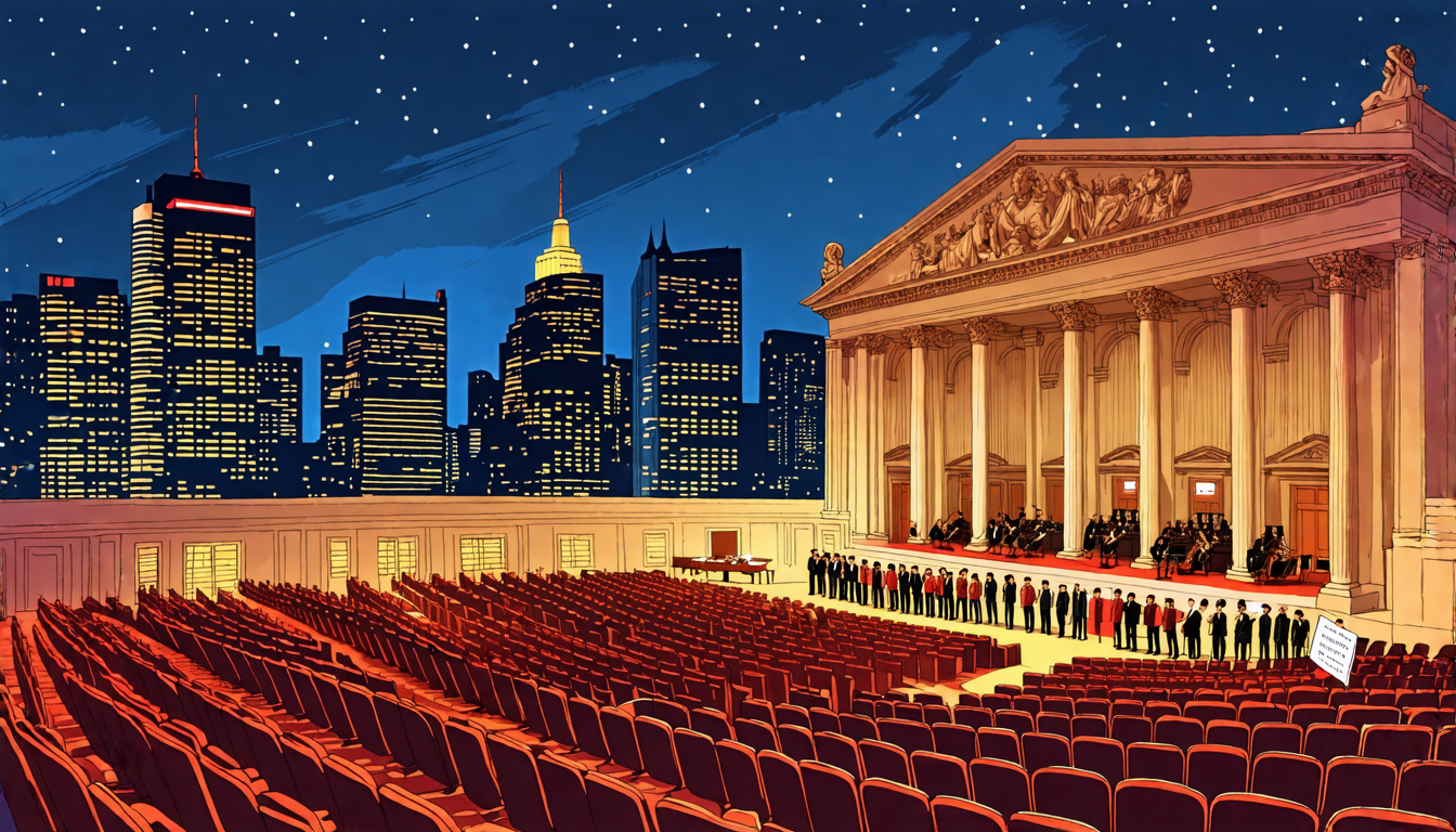 An illustration capturing the juxtaposition of a grand concert hall with empty seats and an elegant stage set for performance, contrasted by a picket line of musicians holding instruments and protest