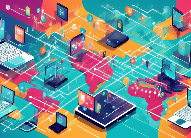 An illustrated digital world map with various arrows and paths connecting icons of laptops, smartphones, and tablets, depicting users navigating through website landing pages in a colorful and dynamic