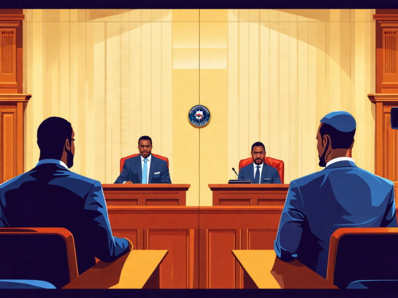 Create a digital illustration depicting a courtroom scene where two separate cases are being represented on opposite sides. One side should depict high-profile music producer Diddy, looking concerned,