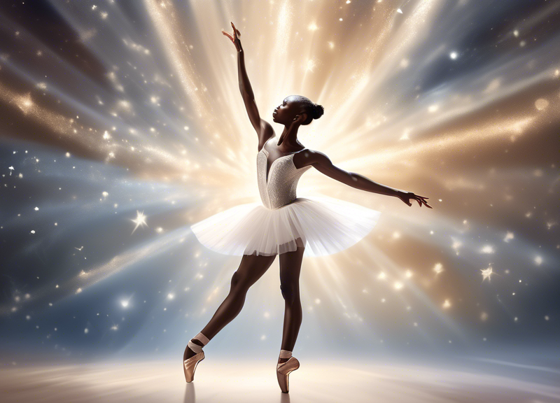 An ethereal and poignant digital painting of celebrated ballerina Michaela DePrince, wearing a delicate white tutu and dancing gracefully on a celestial stage, as gentle rays of light shimmer around h