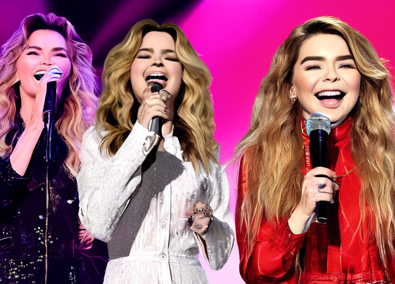 Shania Twain and Sabrina Carpenter, each holding a microphone, giving a joyful performance on a vibrant concert stage, with large screens in the background displaying the title 'That Don't Impress Me